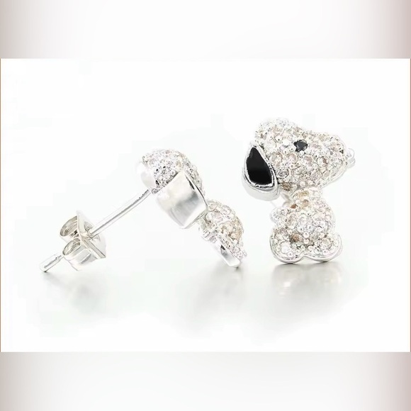 Peanuts Jewelry - 18K White Gold (Rhodium Plated) Snoopy Peanuts Theme Pave Inlay Earrings